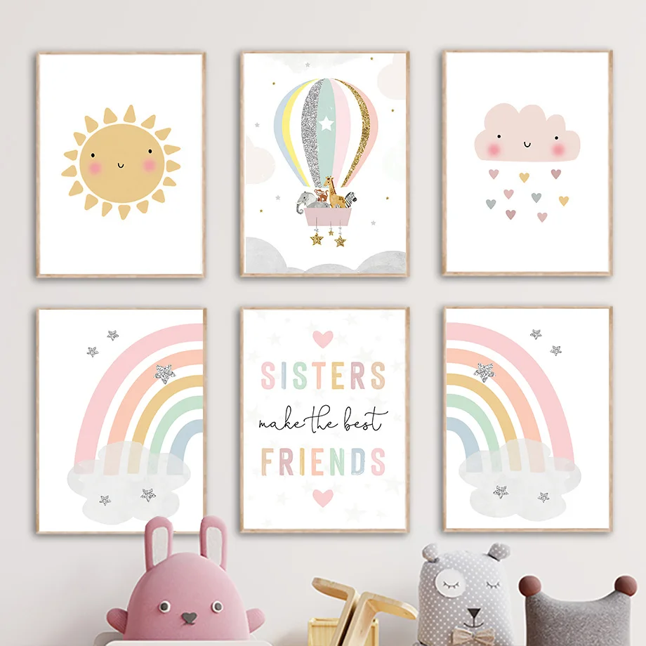 Baby Nursery Name - Giraffe Elephant Hot Balloon Sun Rainbow