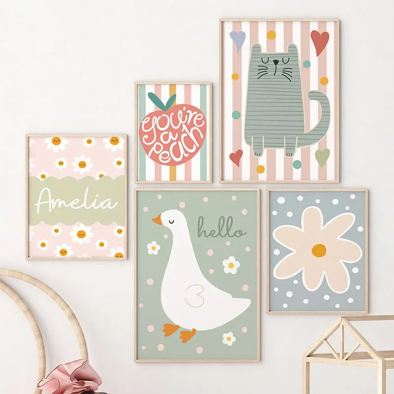 Baby Nursery Art - Cartoon Cat Duck Bird Apple Custom