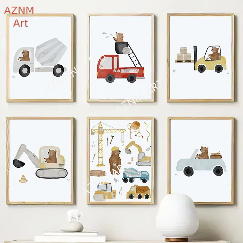 Baby Nursery Art - Cute Boho Bear Crane Excavator Tractor